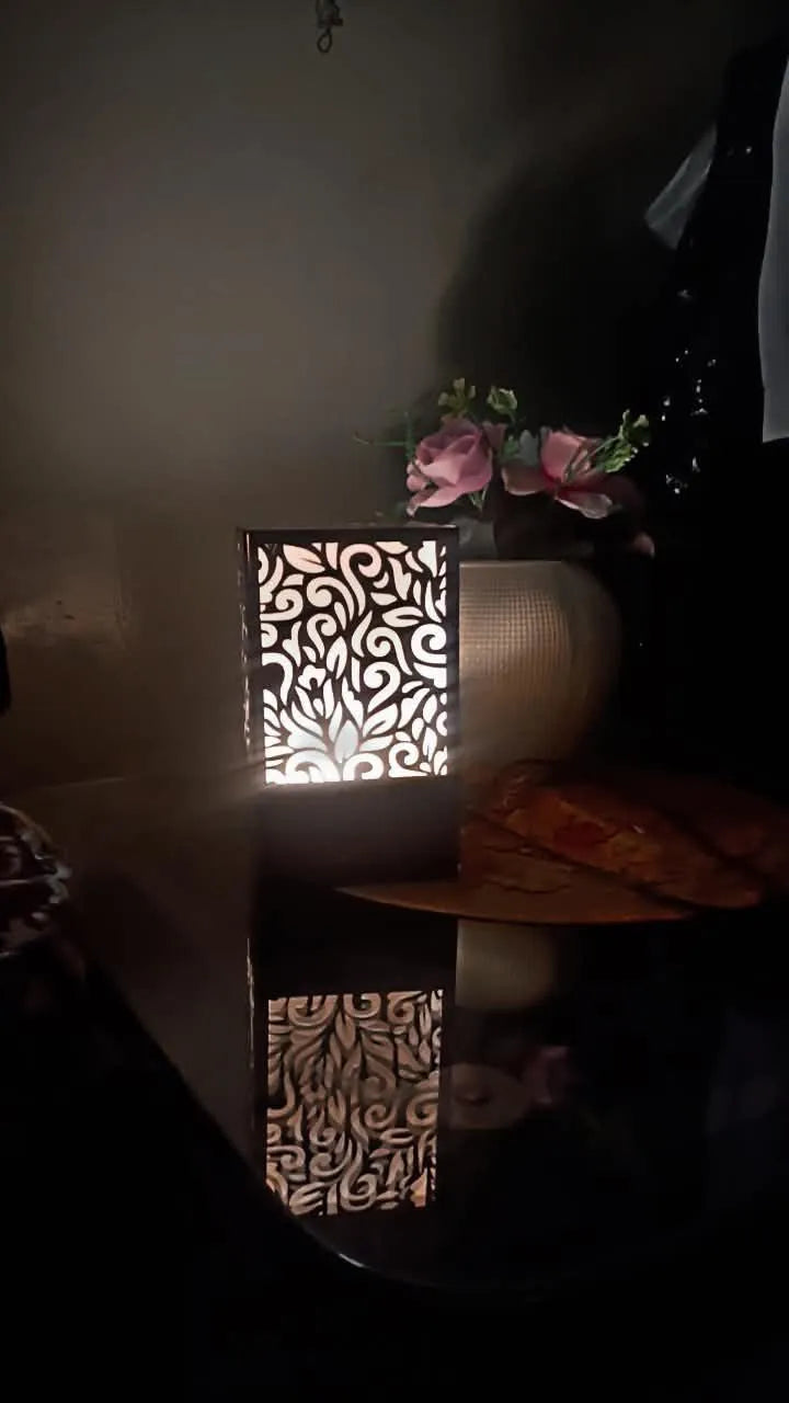 Wooden Side Table Lamp with Laser Cut Floral Design